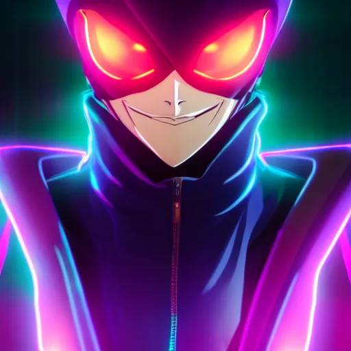 Image similar to Lelouch Lamperouge in a neon city, octane render 8k, atmospheric render, myserious man, professional render, volumetric light, artstation, redshift render, low angle camera, eccentric anime smile, Lelouch in a hood