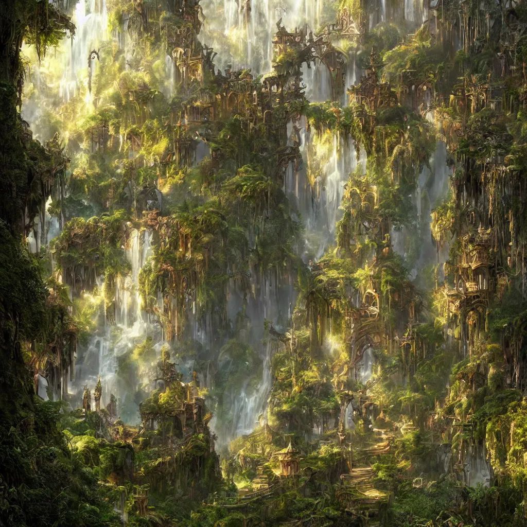 Image similar to fox in a fairy palace, castle towers, sunbeams, gothic towers, Japanese shrine waterfall, gold and gems, gnarly details, lush vegetation, forest landscape, painted by tom bagshaw, raphael lacoste, eddie mendoza, alex ross concept art matte painting