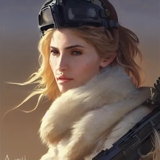 Prompt: portrait of an attractive white female anthro wolf in the desert, wearing tactical gear, 4 k, trending on artstation, by artgerm, greg rutkowski, alphonse mucha