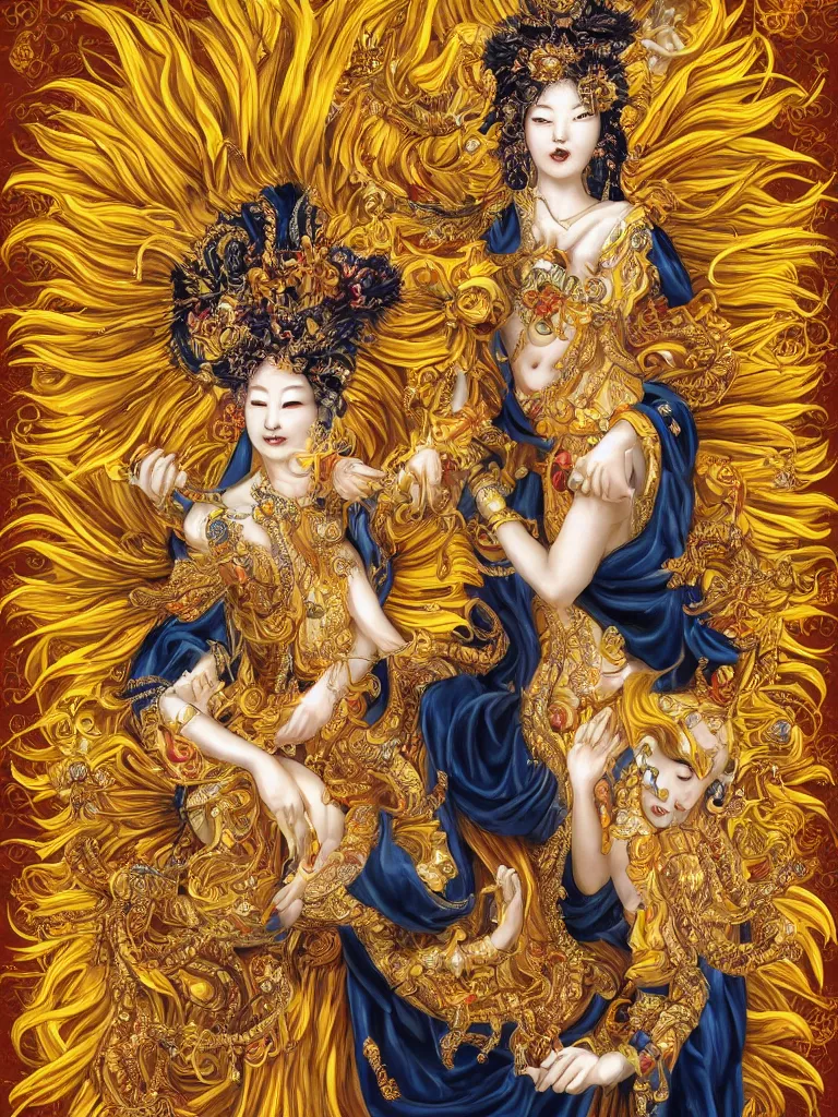 Image similar to Graceful portrait of the Sunflower Goddess, a Chinese female deity with 8 arms who brings joy and light onto the world with her smile and by channeling energy from the sun. Insanely nice professional hair style, dramatic hair colour, digital painting of a old 17th century, amber jewels and golden gemstones, baroque, ornate clothing, sci-fi, dark blue smoke background, flames, very realistic, chiaroscuro, art by Franz Hals and Jon Foster and Ayami Kojima and Amano and Karol Bal.