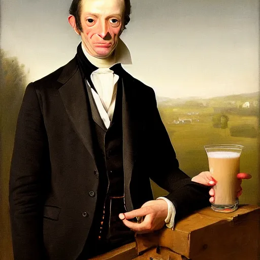 Prompt: portrait of a man wearing a black suit jacket and with amazon milk frog as his head, tan vest, and white ascot, an american romanticism painting, a portrait painting, cgsociety, soft focus, oil on canvas