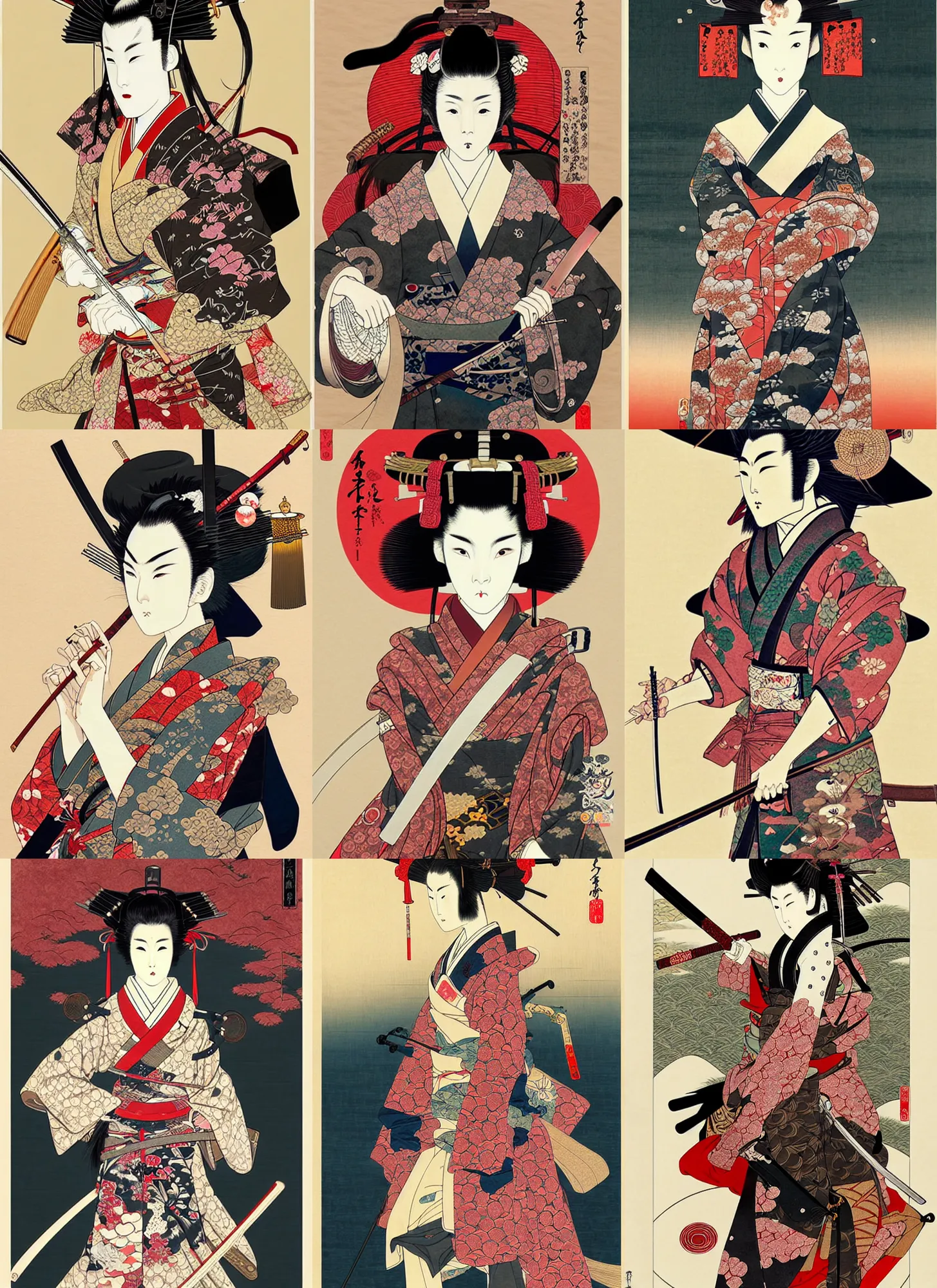 Prompt: very beautiful ukiyo - e steampunk samurai, detailed portrait, wearing kimono, sword, by conrad roset, takato yomamoto, jesper ejsing, beautiful