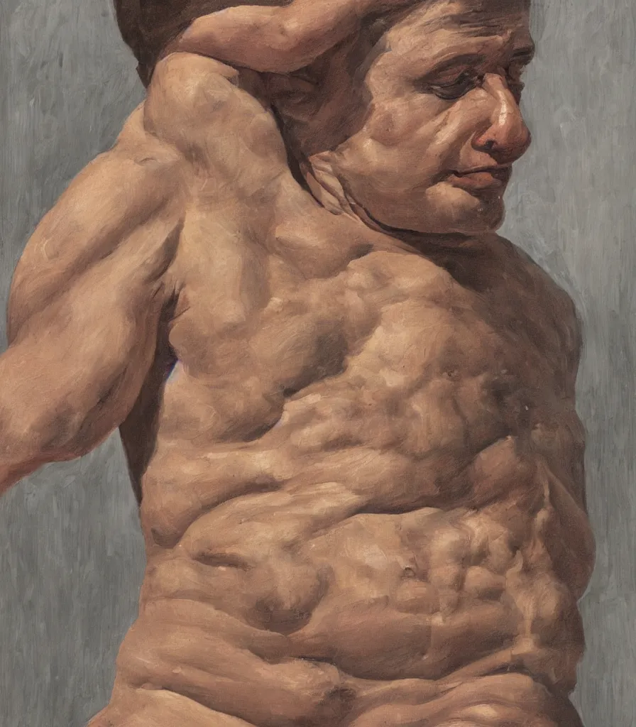 Image similar to portrait of a young man without shirt in the style of lucian freud. his face has many wrinkles, cuts and character. he is looking down. oil painting, thick brush strokes. shadows. clean gray brown background. lit by a single light from above his head. perspective from below. 5 0 mm