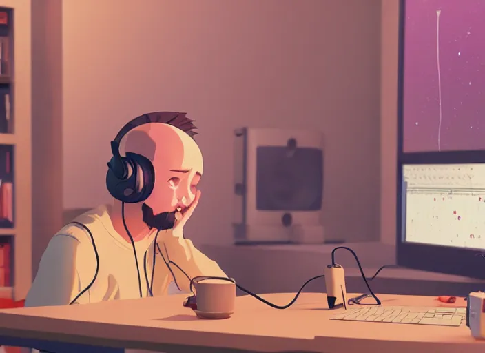 Image similar to man with headphones at his home studio producing music late at night, very detailed, 4 k, cory loftis, james gilleard, atey ghailan, makoto shinkai, goro fujita, studio ghibli, rim light, exquisite lighting, clear focus, very coherent, masterpiece