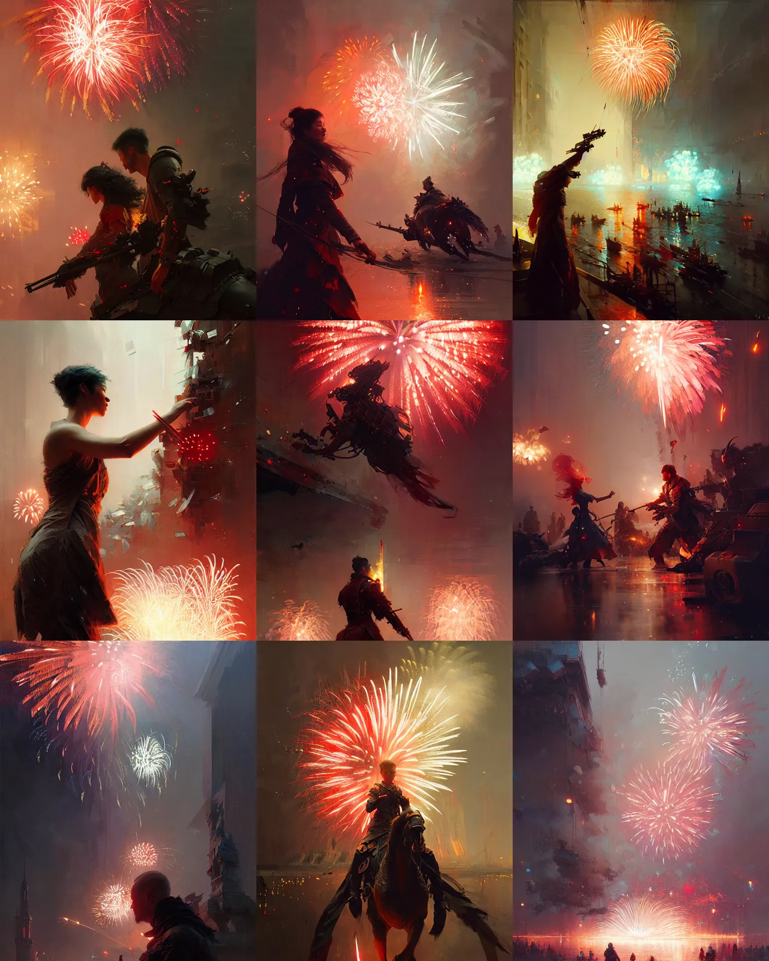 Prompt: romantic fireworks, intricate, sharp focus, illustration, highly detailed, digital painting, concept art, matte, art by ruan jia and wlop and greg rutkowski, masterpiece