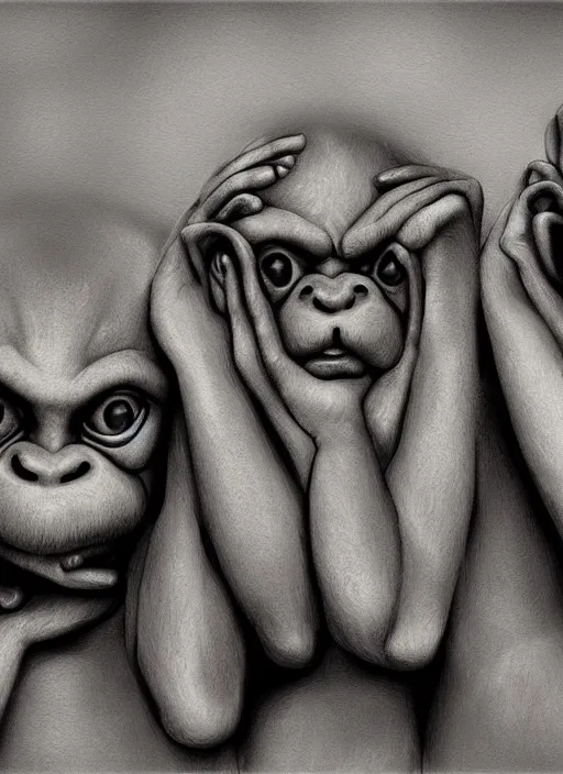 Image similar to three wise monkeys, see no evil, hear no evil, speak no evil, ralph goings, digital art