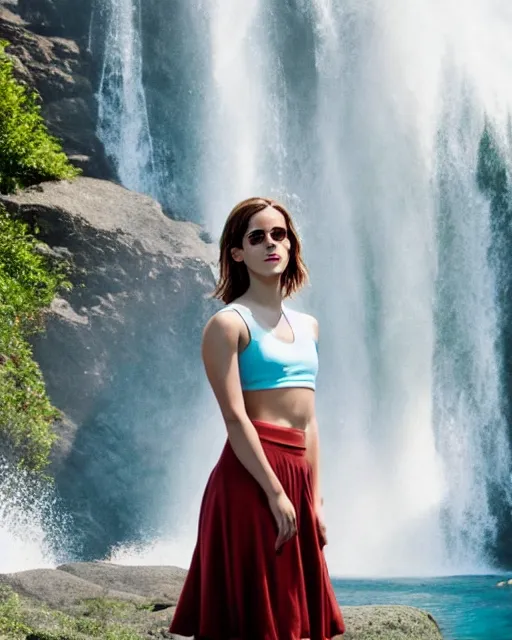 Image similar to a photo of emma watson standing in a yoga pose wearing short translucent skirt and translucent top standing underneath a waterfall, natural light :: trending on artstation, morning, photoreal, ue5