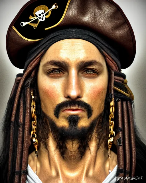 Image similar to realistic portrait of a pirate, dark, gold ornaments, facing camera, photo realistic, detailed, 1 4 5 0, delicate, hyper realism, ultra realistic, 8 k