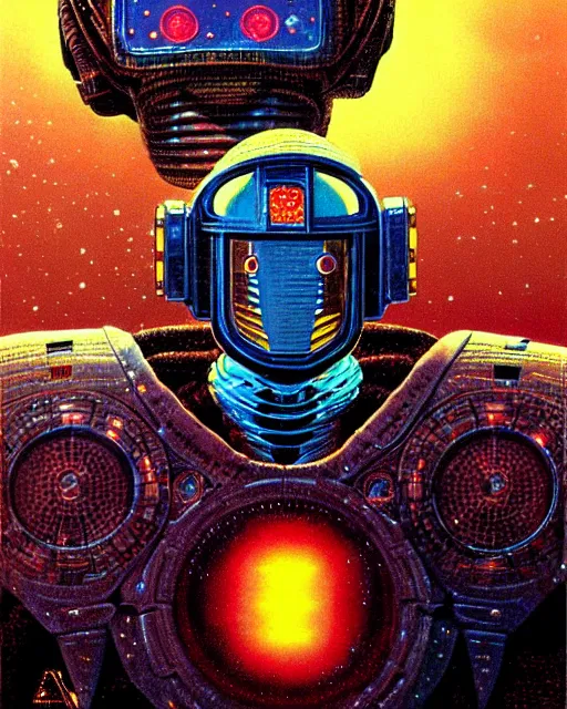 Image similar to tekkaman space knight, character portrait, portrait, close up, concept art, intricate details, highly detailed, vintage sci - fi poster, in the style of chris foss, rodger dean, moebius, michael whelan, and gustave dore