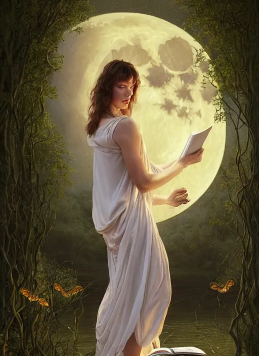 Image similar to milla jovovich in white nightgown reading a book by a river, full moon in a dark starry sky, golden orbs and fireflies, illustration, dramatic lighting, soft details, painting oil on canvas, art nouveau, octane render, 8 k, by edmund blair leighton, brom, charlie bowater, trending on artstation, faces by tom bagshaw, sargent