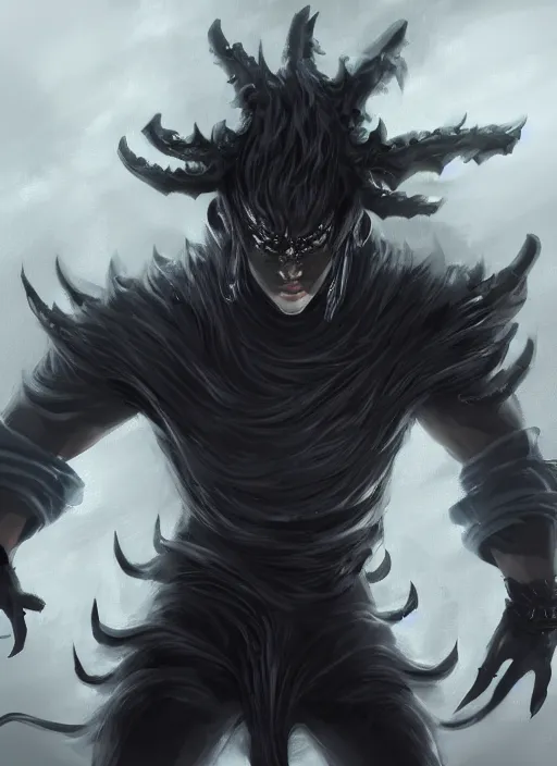 Image similar to a highly detailed illustration of fierce korean man with bowl cut black hair wearing tie with giant black claws, evil wielding giant black fog claws pose, foggy lovecraftian black mist surrounding background, perfect face, intricate, elegant, highly detailed, centered, digital painting, artstation, concept art, smooth, sharp focus, league of legends concept art, wlop.