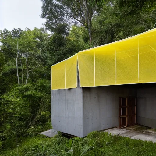 Image similar to exterior shot of a brutalist concrete house with translucent yellow mesh tarps in a dense jungle