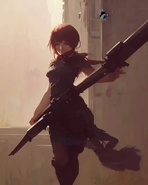 Image similar to cute girl, whitesmith, huge weapon, mechanical parts, digital painting by krenz cushart, ilya kuvshinov, akihiko yoshida, greg rutkowski, karl spitzweg, intricate background