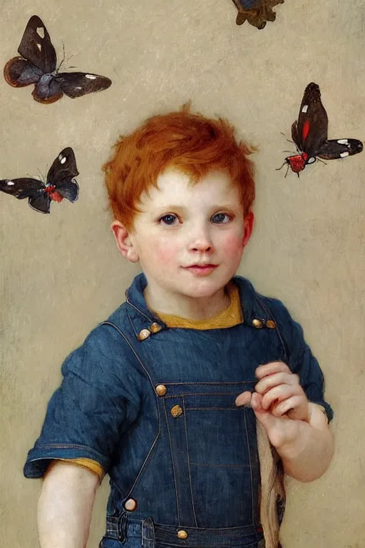 Prompt: a three year old boy with ginger hair wearing denim overalls chasing butterflies. clean elegant painting, beautiful detailed face, lots of butterflies. by bouguereau and artgerm and greg rutkowski