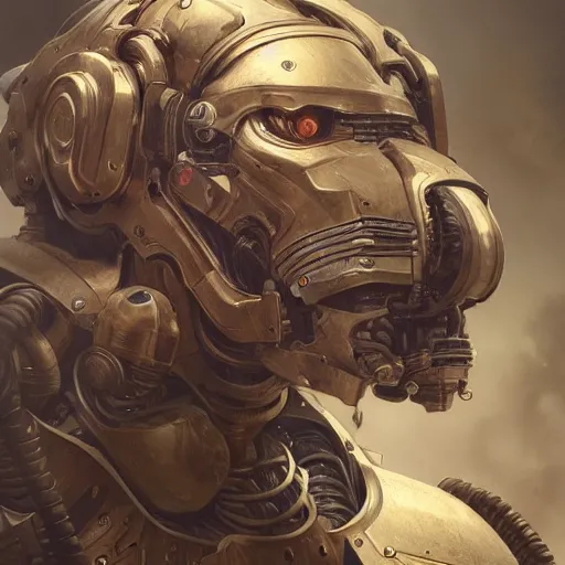 Image similar to portrait painting of a lion - headed cyborg with power armor, ultra realistic, concept art, intricate details, eerie, highly detailed, photorealistic, octane render, 8 k, unreal engine. art by artgerm and greg rutkowski and alphonse mucha