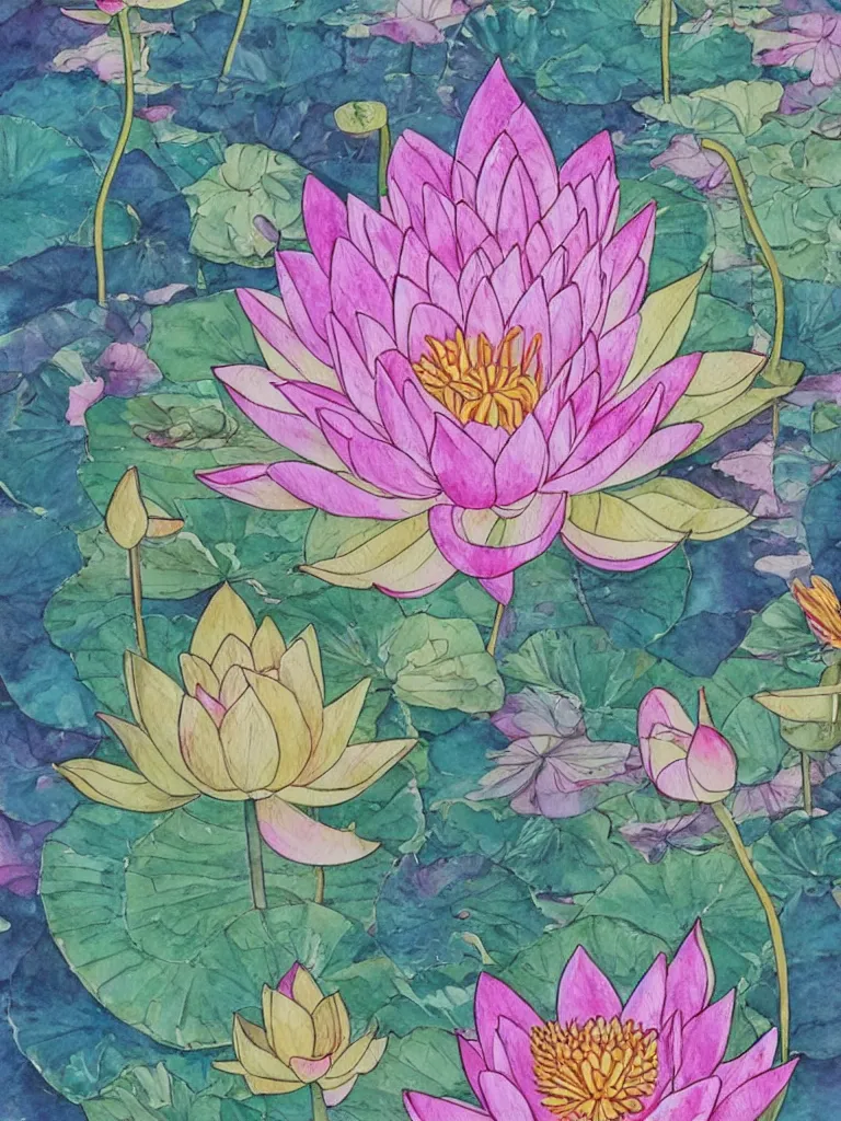 Image similar to a beautiful fine art watercolor painting of a buddha and a sacred lotus flower, intricate details, aesthetically pleasing and harmonious colors, sacred and pure