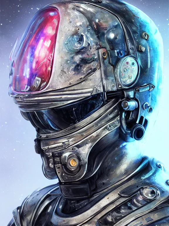 Image similar to portrait art of 8k ultra realistic retro futuristic zombie astronaut , galaxy reflected helmet , detailed intricate ornate armour,blade runner, cybernetic, full of colour, cinematic lighting, battered, trending on artstation, 4k, hyperrealistic, focused, extreme details,unreal engine 5, cinematic, masterpiece, art by ayami kojima, giger