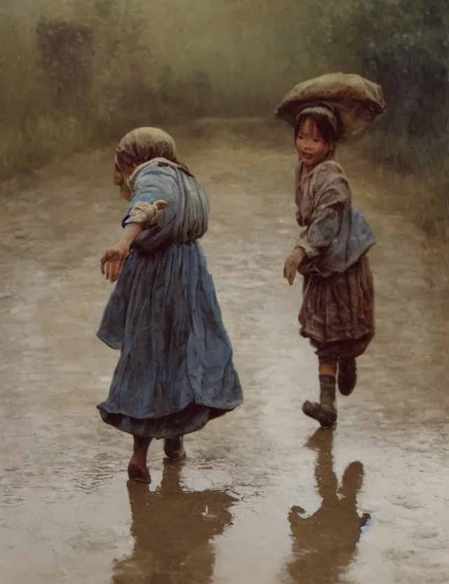 Prompt: two peasant children run through a puddle happily, on a village, Cinematic focus, Polaroid photo, vintage, neutral colors, soft lights, foggy, by Steve Hanks, by Serov Valentin, by lisa yuskavage, by Andrei Tarkovsky 8k render, detailed, oil on canvas