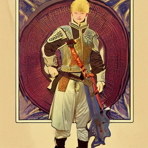 Prompt: portrait : : clearly visible face : : : swashbuckling albino rogue wearing ss uniform leather armor with hand on hilt : : tang dynasty sword with blowtorch flame for blade : : goggles pushed up on forehead : : concept art by rutkowski and alphonse mucha and barlowe