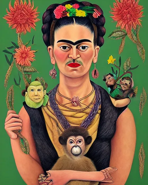 Prompt: highly detailed matte portrait of frida kahlo with monkey and flowers by amanda sage