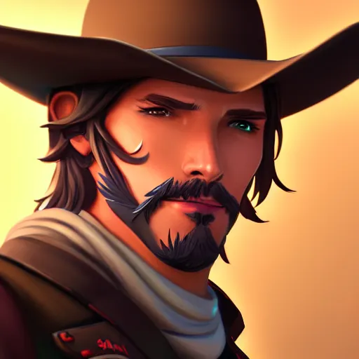 Image similar to a portrait of mccree from overwatch, closeup, art by lois van baarle and loish and ross tran and rossdraws and sam yang and samdoesarts and artgerm and saruei and disney, digital art, highly detailed, intricate, sharp focus, trending on artstation hq, deviantart, unreal engine 5, 4 k uhd image