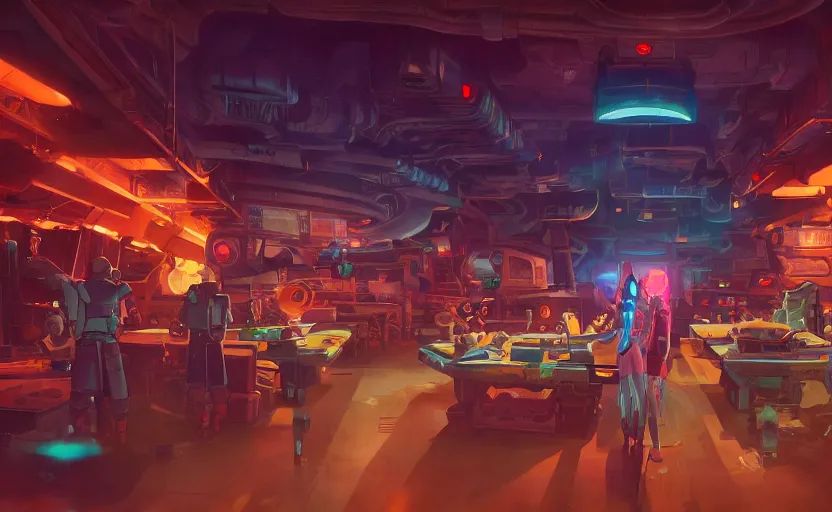 Image similar to a bounty hunter bar in a space opera studio ghibli animated film, global illumination, beautiful composition, volumetric lighting, octane render by artgerm, loish, alena aenami, highly detailed