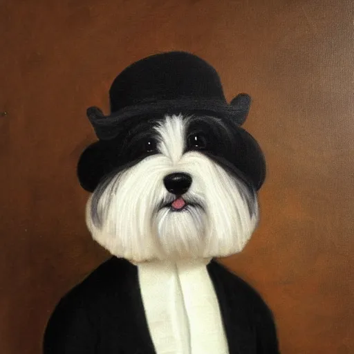 Image similar to A black coton de tulear dog dressed up as a dapper english gentleman, renaissance oil painting, highly detailed