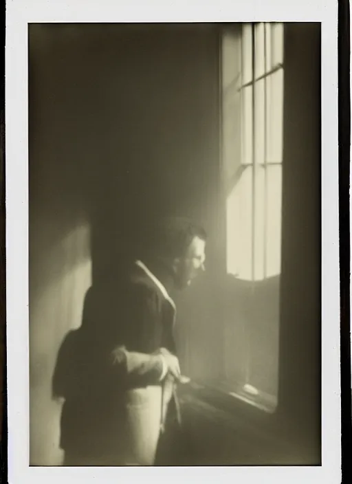 Image similar to a man looking out a window in the afternoon, flash polaroid photo by george hurrell, hazy light rays