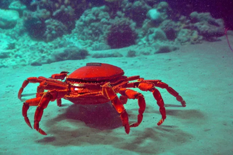 Image similar to robot crab underwater, in 2 0 1 2, bathed in the the glow of a crt television, royalcore, low - light photograph, photography by tyler mitchell
