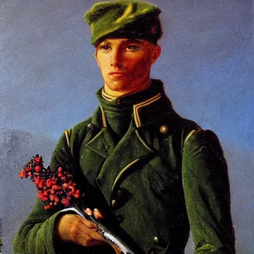 Image similar to an impasto oil painting of a soldier holding a flower instead of a gun painted by caspar david friedrich, high detail