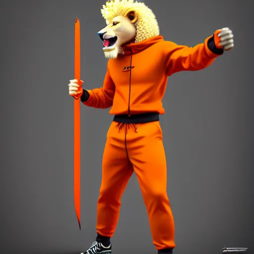 Image similar to commission of a fit male anthro albino lion holding a sword wearing an orange tracksuit,SFW,artstation,deviantart, science fiction industrial hard science concept art, 8K render octane high definition cgsociety