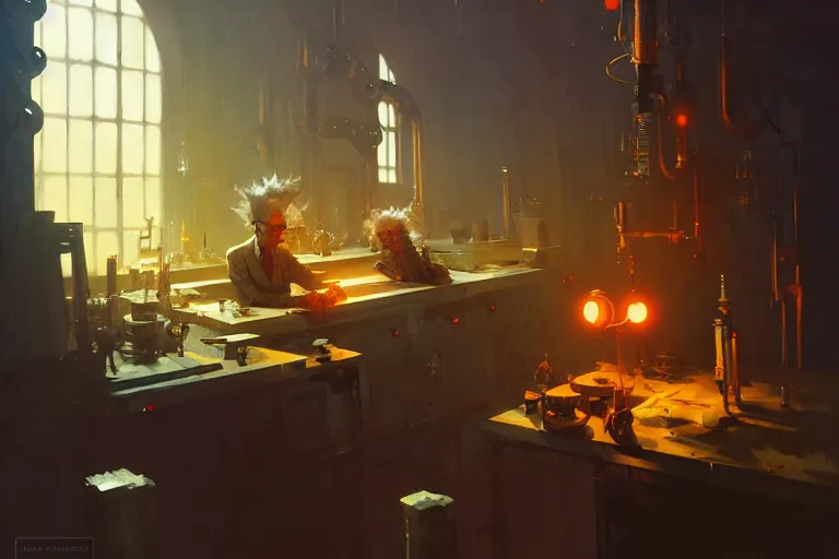 Prompt: mad scientist by otto dix and greg rutkowski and andreas rocha, cinematic lighting, highly detailed, warm colours, 4 k