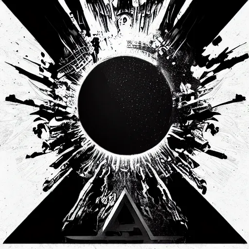 Image similar to tattoo logo black hole with accretion disk rises above the city destroying it with a shockwave, digital art, black and white, vector sticker, art by greg rutkowski, gonzalo fuenmayor, asher brown durand