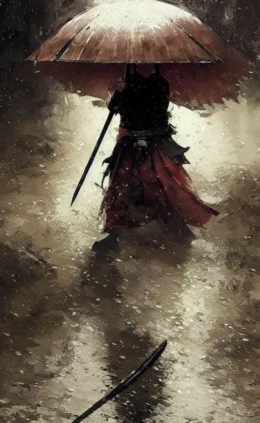 Prompt: samurai in rain, arcane, by fortiche, by greg rutkowski, esuthio, craig mullins, wlop