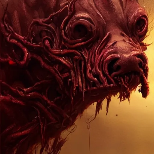 Image similar to concept art by greg rutkowski, dog - shaped monster made of twisted flesh and reddish ooze, roaming the colony, looking rabid, in a claustrophobic, futuristic and brutalist environment, frightening and creepy atmosphere, scifi, highly detailed portrait, digital painting, artstation, concept art, smooth, sharp foccus ilustration, artstation hq