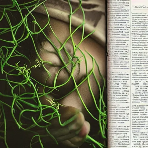 Image similar to “ very photorealistic photo of vines growing out of a woman ’ s book as she sleeps, award - winning details ”