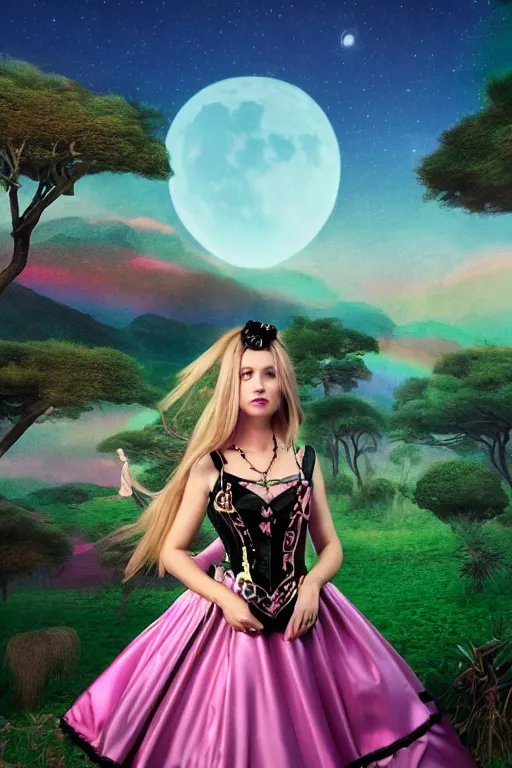 Image similar to Ethereal safari landscape with a pink rainbow sky under a goddess moonstone, black leather and embroidered Lolita dress in velvet, rich color, ramatic cinematic lighting, featured on Artstation, extremely detailed by Lisa Frank