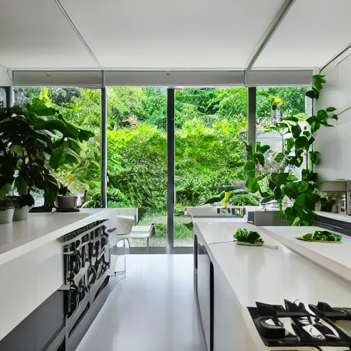 Image similar to a photograph of a contemporary kitchen, white with green accents, filled with plants and vines, wide angle, morning light,