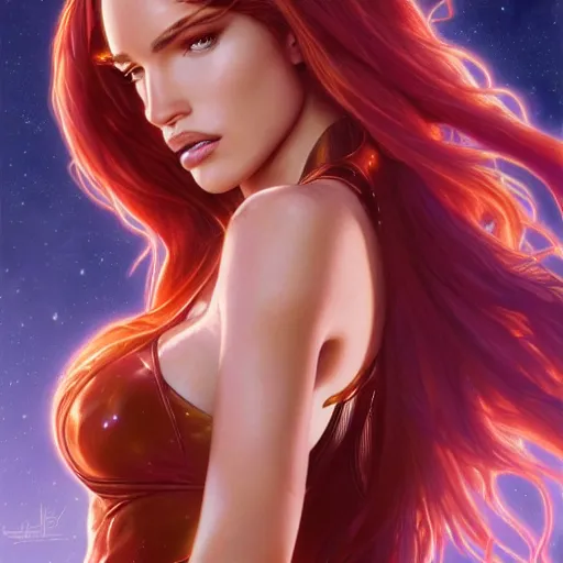 Image similar to ultra realistic illustration, bella thorne as megan fox as starfire anime, intricate, elegant, highly detailed, digital painting, artstation, concept art, smooth, sharp focus, illustration, art by artgerm and greg rutkowski and alphonse mucha