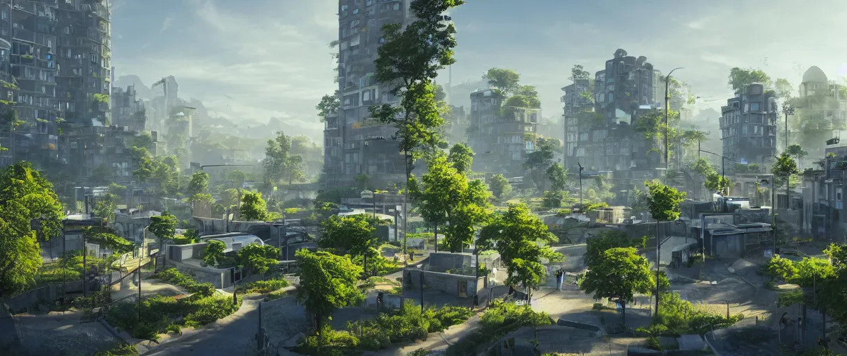 Image similar to a wide shot of a solarpunk city, with houses, pavements, bridges, trees, plants, beautiful, stunning, serene, volumetric light, volumetric clouds, photography, color, intricate, extremely detailed, photorealistic, unreal engine 5