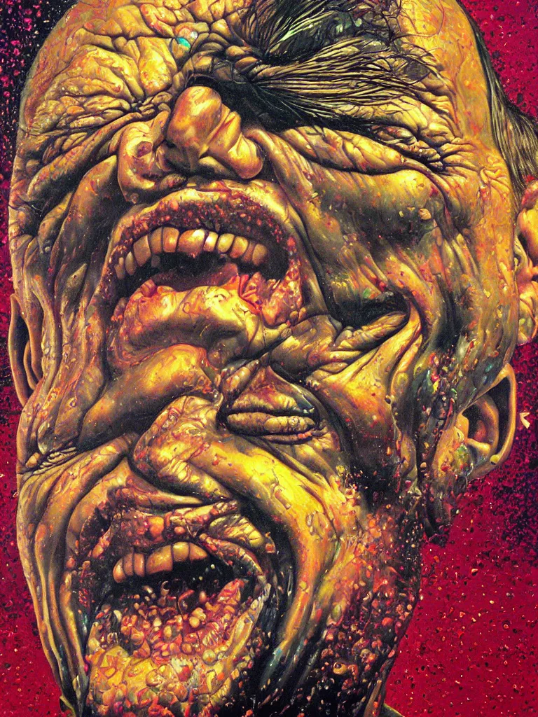 Image similar to hyper realistic painting, head of mark e smith from the fall laughing maniacally, outer glow, by chuck close, lisa frank, simon bisley, and richard corben, very intense, depth of field, depth perception, hyperdetailed, rich deep vivid colours, sharp focus, directional lighting