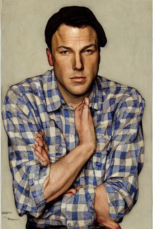 Image similar to san ben affleck wearing checkered shirt and white cap, poster, by norman rockwell