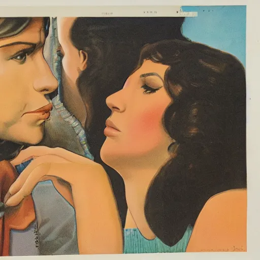 Prompt: a 7 0 s double page spread of a woman looking up at a man. the woman is called carmen and the caption how did i manage without carmen before. colour hi - def photorealistic