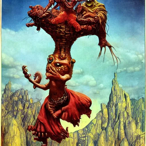 Image similar to possessed munchkin from oz, by lawrence alma-tadema and zdzislaw beksinski and norman rockwell and jack kirby and tom lovell and greg staples, artstation creature art