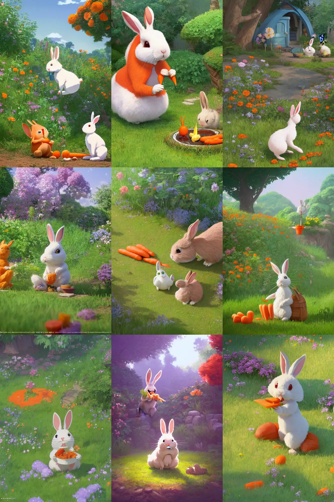 Prompt: a wholesome cottagecore illistration of a happy rabbit eating a carrot in the garden, studio Ghibli, Pixar and Disney animation, sharp, Rendered in Redshift and Unreal Engine 5 by Greg Rutkowski, Bloom