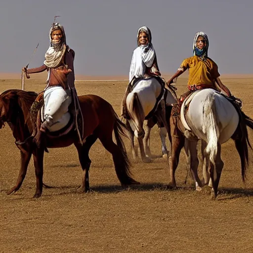 Prompt: indo-aryan nomads riding horses across steppe, on alien planet