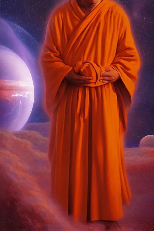 Image similar to portrait of a monk in a spaceship, window, nebula, orange robe, dramatic lighting, artstation, matte painting, ralph mcquarrie