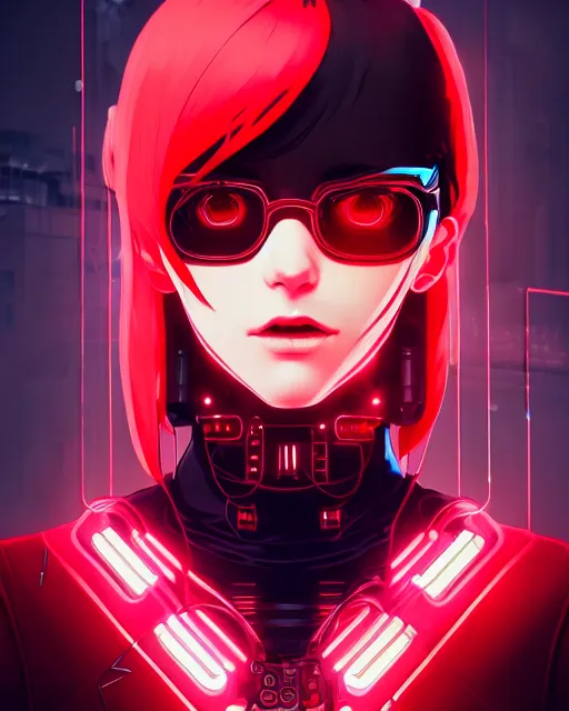 Image similar to a detailed potrait of a cyberpunk cyborg girl with black and red parts, perfect face, realistic shaded perfect face, detailed. night setting. very anime style. realistic shaded lighting poster by ilya kuvshinov katsuhiro, unreal engine, global illumination, radiant light, detailed and intricate environment