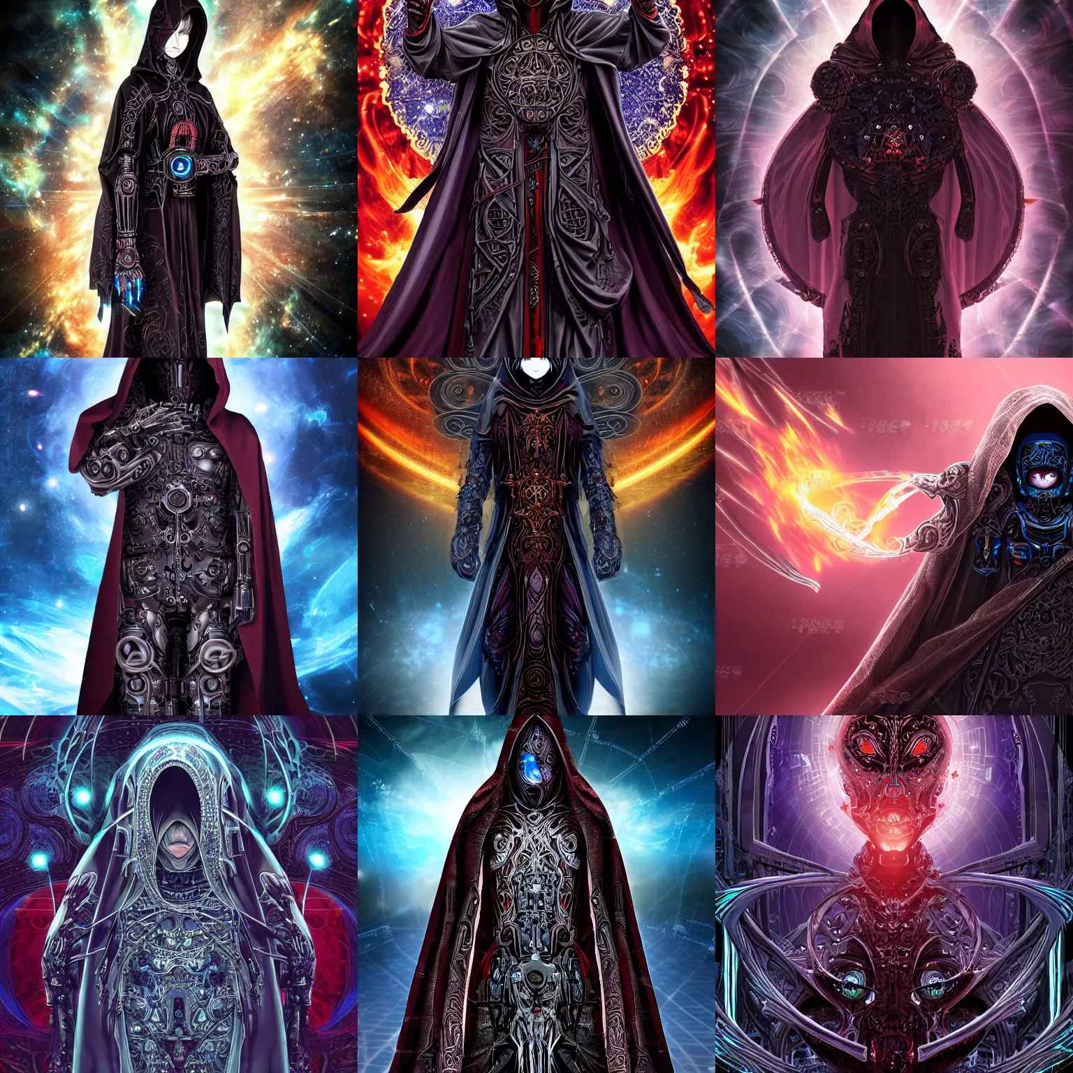 Prompt: Cloaked hooded complex cybernetic being with a human face, intricate ornate anime CGI style, dark, rich colour and detail, brandishing cosmic weapon