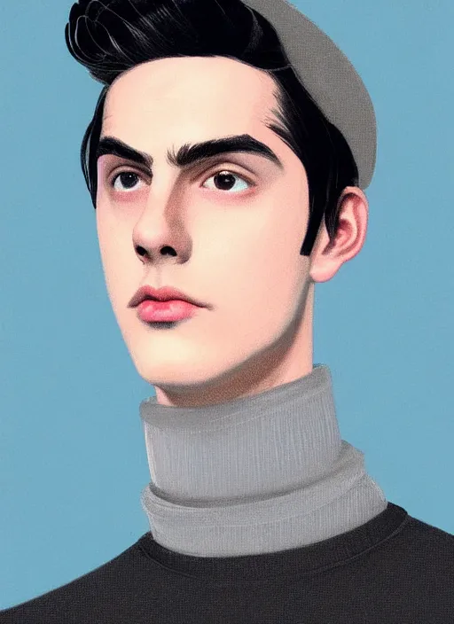 Image similar to portrait of teenage jughead jones wearing a light grey crown, crown, blue turtleneck, 1 9 5 0 s, closed eyes, photorealistic, black hair, glowing lighting, intricate, elegant, glowing lights, highly detailed, digital painting, artstation, concept art, smooth, sharp focus, illustration, art by wlop, mars ravelo and greg rutkowski